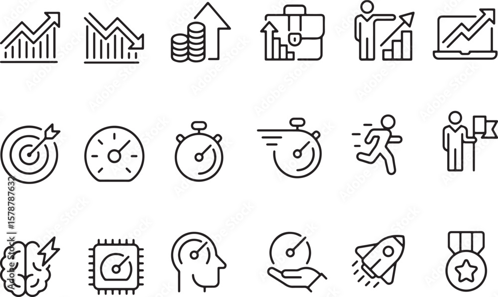 Poster thin line icon set of growth achievement advancement enhancement progress efficiency target goal bus