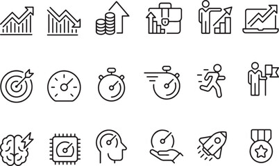Thin line icon set of growth achievement advancement enhancement progress efficiency target goal business success. Pixel perfect icons, editable stroke.	
