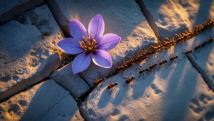 Ants Marching Near Flower on Stone Pavement at Golden Hour