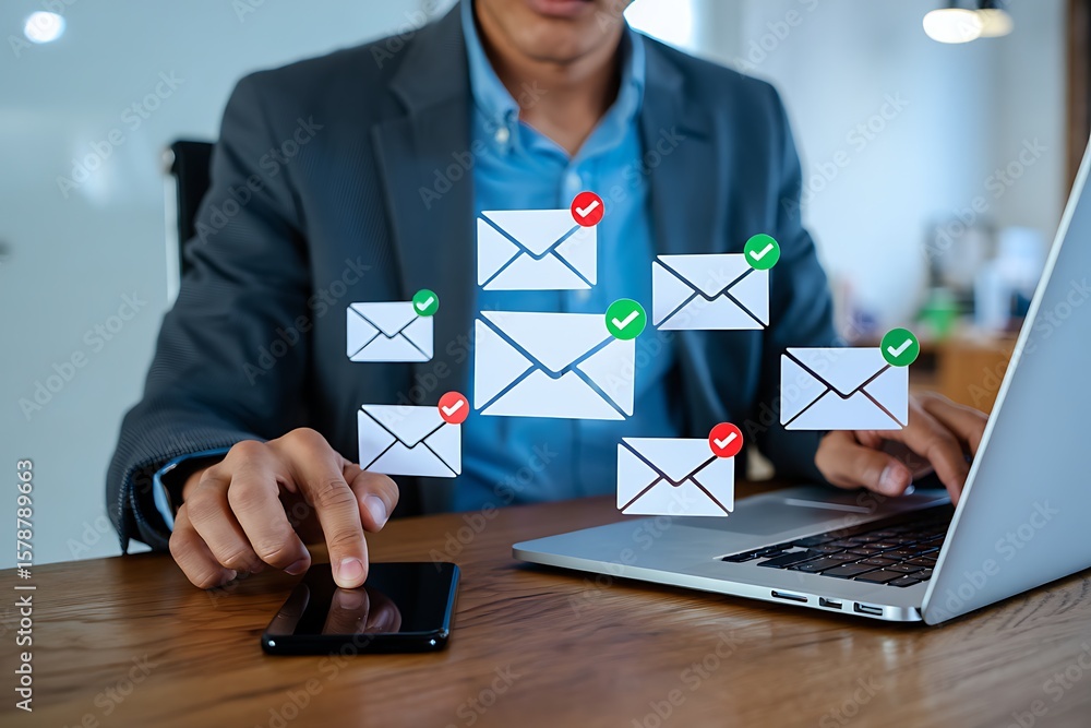Poster businessman interacting with digital envelopes and checking email notifications on his smartphone an