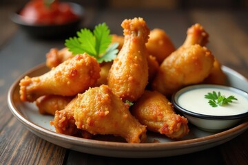 Fototapeta premium Crispy golden-brown chicken wings with creamy blue cheese dipping sauce , macro, wings, restaurant food