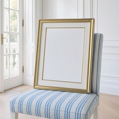 coastal grandma frame mockup on a striped chair with a golden frame