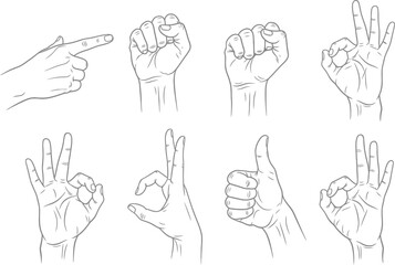 Obraz premium Collection of eight diverse hand gestures and signs drawn in a simple line art style