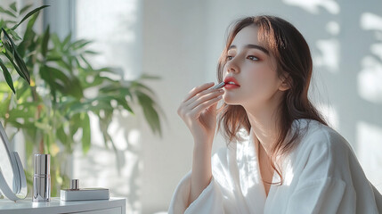 Woman applying lipstick beauty makeup tutorial elegant lifestyle fashion blogger content creation