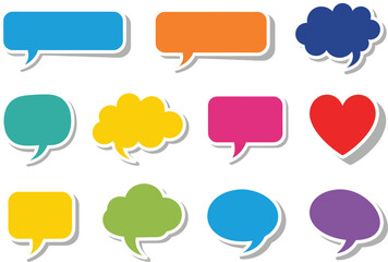 Collection of colorful speech bubbles and a heart shape on a light gray background