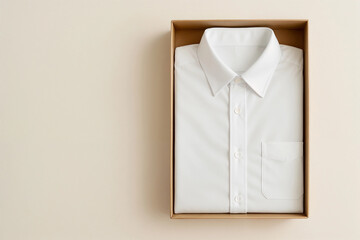 A pristine white shirt, neatly folded within a brown box, sits on a beige background, perfect for fashion.
