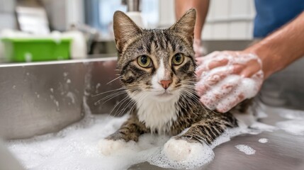 Tabby cat being washed in soapy water in metal basin,a person is washing a tabby cat in sudsy water.