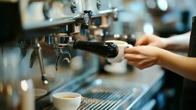 Barista is making a cup of coffee using an espresso machine in a coffee shop, with a selection of ceramic cups in the background