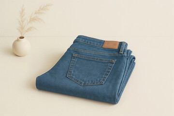 Folded blue denim jeans with a subtle beige vase and dried plants.
