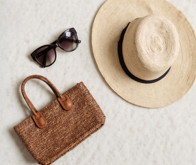 Summer essentials flat lay: a stylish hat, sunglasses, and woven bag.