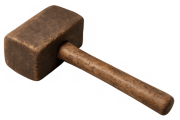 Weathered wooden mallet, rectangular head and worn handle, resting against clean transparent backdrop