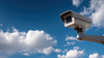 Surveillance Camera Against a Bright Blue Sky with White Clouds and Clear Vision for Security Monitoring