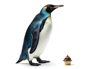 Fototapeta premium A king penguin standing near a cupcake on a white background in a studio shot with good lighting