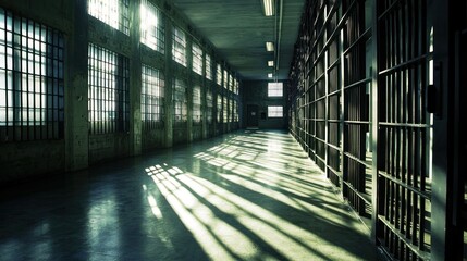 A stark interior of a jail with empty metal bars and dim overhead lighting casting long shadows