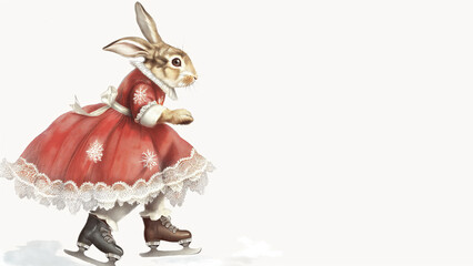 Adorable bunny rabbit dressed in a festive red coat with snowflakes ice skating. Christmas and holiday season concept for greeting card.