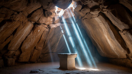 Light beams streaming into a cave illuminating a stone altar surrounded by rocky walls at midday