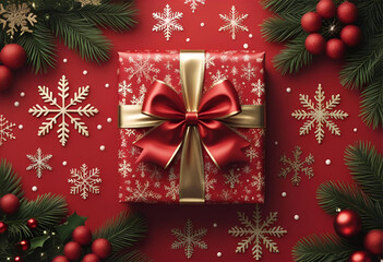 Christmas gift box with red ribbon and snowflakes on red background image