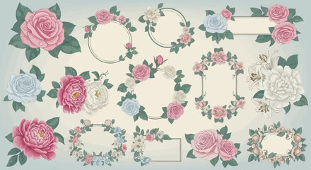 A collection of floral designs featuring roses and peonies in various arrangements, including wreaths, bouquets, and frames, set against a soft background.