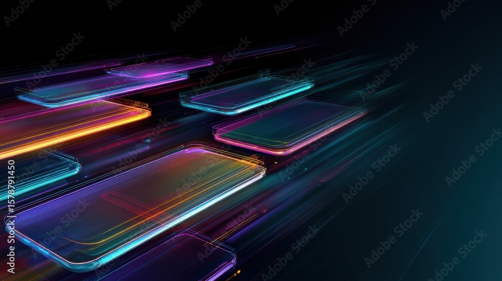 Poster dynamic digital messages flow between smartphones in a vibrant tech landscape with a dark background