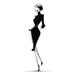Elegant black and white silhouette of a fashionable woman in a dress, perfect for fashion design, boutique branding, or creative art concepts