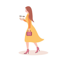 woman with two coffee take away. Vector Illustration for printing, backgrounds, covers and packaging. Image can be used for greeting cards, posters, stickers and textile. Isolated on white background.