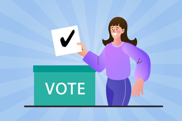 Vector illustration of a woman putting a voting ballot with check mark into a box labeled VOTE. Concept of election participation, democratic right, and civic duty.