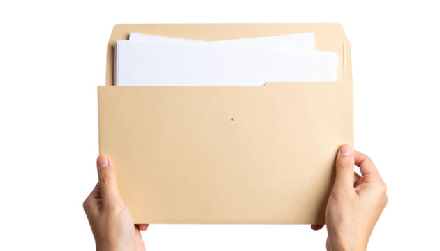 A hand holding a beige file folder with visible white documents isolated on white and transparent background.form