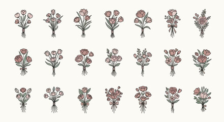 Collection of twenty-one hand-drawn floral bouquets with varying arrangements and styles.