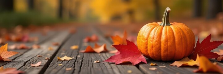 A small pumpkin sitting among vibrant autumn leaves on a wooden planks background, natural elements, wood grain, autumn foliage