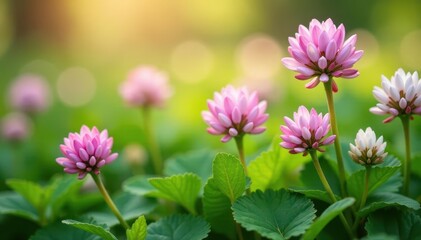 Obraz premium Close up shot of delicate pink and white spring clover flowers amidst a blanket of soft green foliage with sunlight filtering through wildflower close up floral arrangement