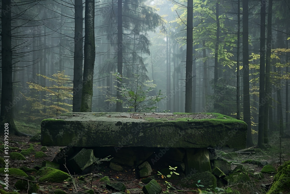 Poster sunlight filters through a misty forest illuminating a mossy stone table, creating a mysterious and 
