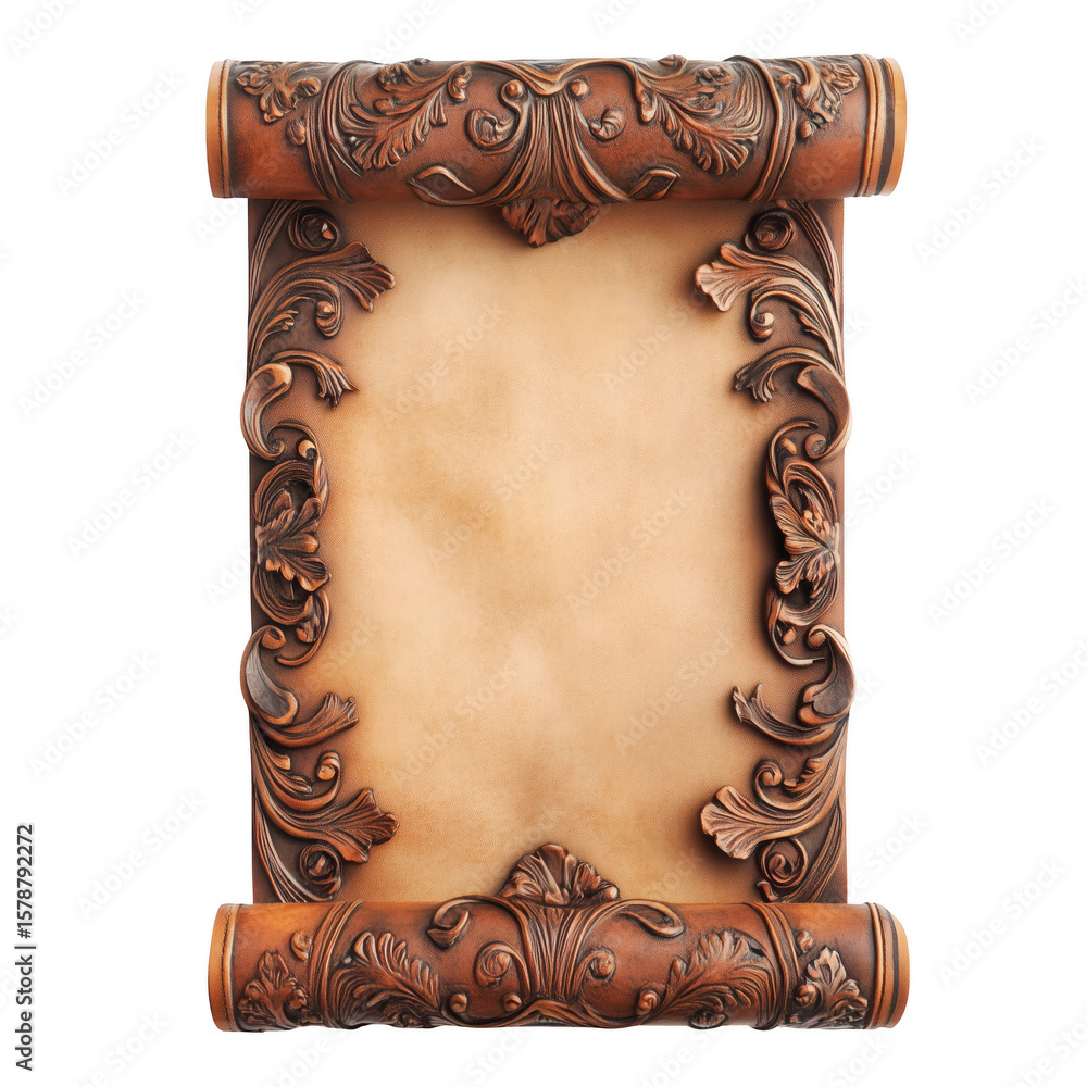 Poster antique scroll with ornate frame: an elegantly detailed vintage scroll with an empty center stands r