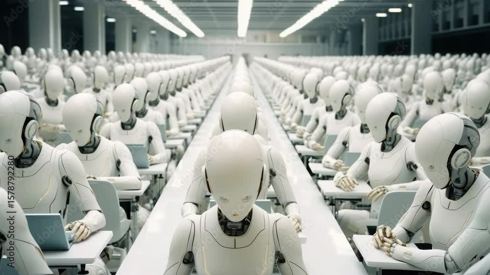 Poster robots humanoids androids cyborgs work at computers in the office. it team of the future. futuristic