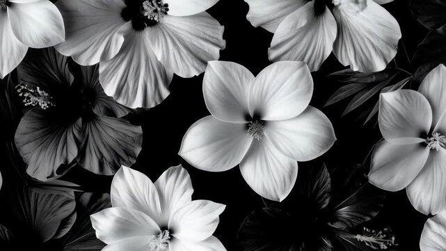 Monochrome floral pattern featuring hibiscus blossoms in shades of black, white, and gray on a dark background creating contrast and depth