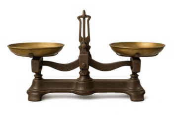 Vintage brass balance scale weighing justice, displaying precision measurement against clean transparent background