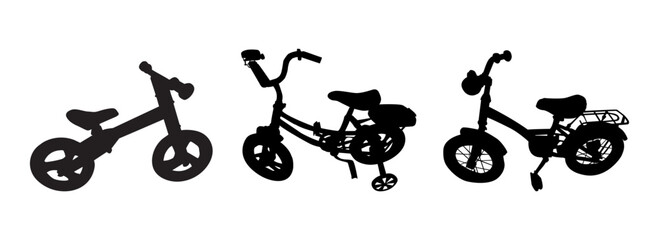 
Kids bike silhouette set isolated on white background. Bicycle for children.Active outdoor fun, leisure, relaxation and entertainment and fun for pre-school children and kids.Stock vector illustratio