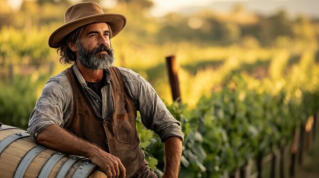 A bearded man in rustic attire and a hat leans on a barrel in a sunlit vineyard, exuding a calm, thoughtful vibe amid rows of grapevines.