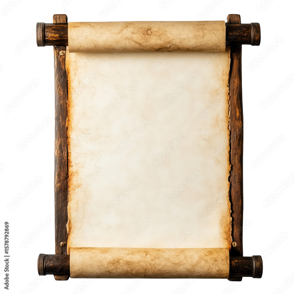 Poster ancient scroll: this evocative image features a detailed, close-up view of an aged scroll, its aged 