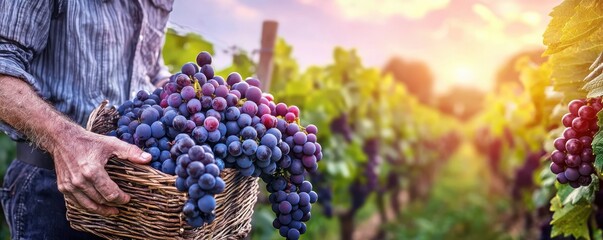 A person harvesting ripe grapes in a vineyard during sunset, holding a basket full of fresh purple grapes.
