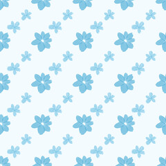 Seamless pattern featuring hand-drawn blue flowers of different sizes on a white background. Ideal for fabric, wallpaper, packaging, and spring or summer-themed designs.