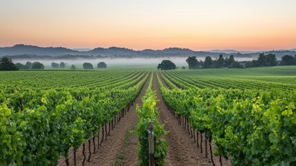 Obraz premium Rows of lush grapevines stretch across a vineyard at sunrise, with misty hills and a clear sky in the background.