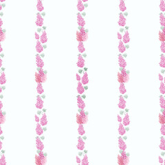 Seamless pattern featuring vertical stripes of pink lupine flowers with green leaves on a white background. Perfect for fabric, wallpaper, packaging, and spring or botanical-themed projects.
