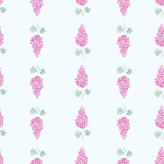 Seamless pattern featuring vertically arranged pink lupine flowers with green leaves on a white background. Suitable for textiles, packaging, wallpapers, and spring or botanical-themed projects.