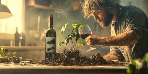 A man inspects a glass of red wine beside a vine plant and a bottle, with soil and grapes on a rustic table in warm, natural light.