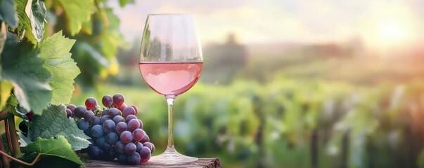 A glass of rose wine sits on a wooden surface beside a bunch of grapes with a vineyard and sunset in the background.