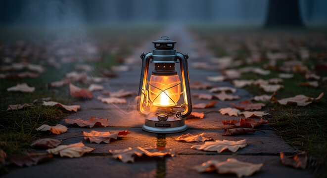 A glowing vintage lantern illuminates a misty pathway scattered with fallen autumn leaves during the evening twilight.