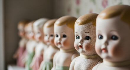 A row of antique porcelain dolls displays vintage charm with delicate features and aged surfaces, perfect for nostalgia themes.