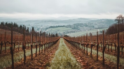 Fototapeta premium A misty landscape of a sprawling vineyard with rows of grapevines stretching into the distance surrounded by rolling hills and bare trees.