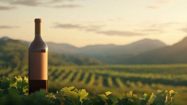 A wine bottle stands in a vineyard at sunset, with rows of grapevines and distant mountains under a soft, warm sky. - Powered by Adobe