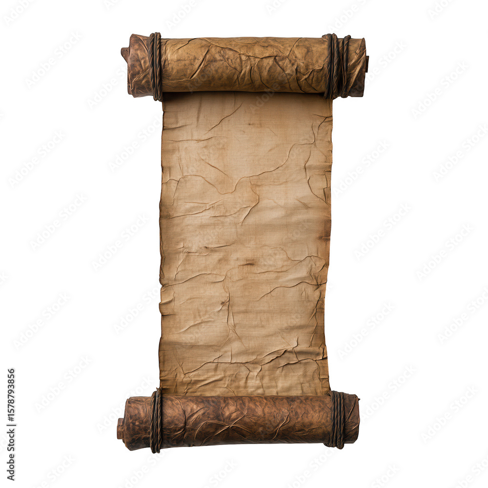 Poster ancient scroll: a weathered, aged parchment scroll tied with dark cord, ready to tell its story.
